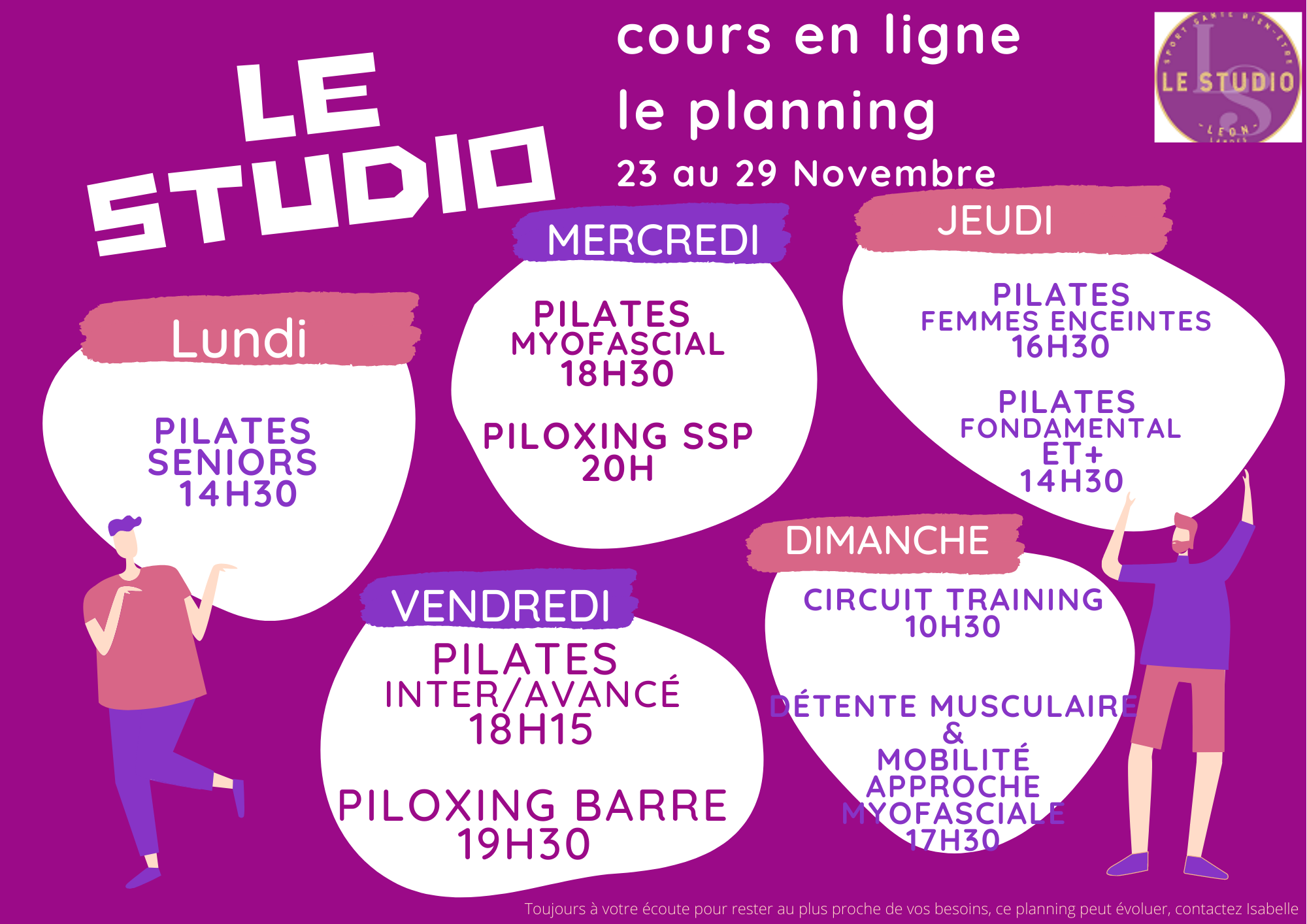 cours en ligne et en live du23 au 29 novembre - Class Schedule Pilates cours en ligne et en live du23 au 29 novembre - Class Schedule Le Studio Landes, sport santé bien-être