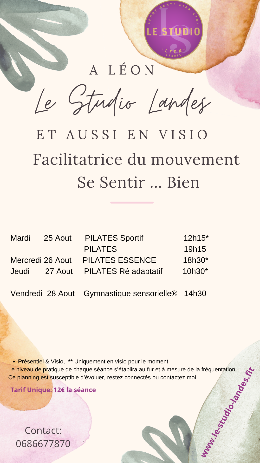 Planning Le Studio Landes semaine 24 aout 2026 Planning Le Studio Landes semaine 24 aout 2026 Pilates Gymnastique sensorielle, cours en petit groupe